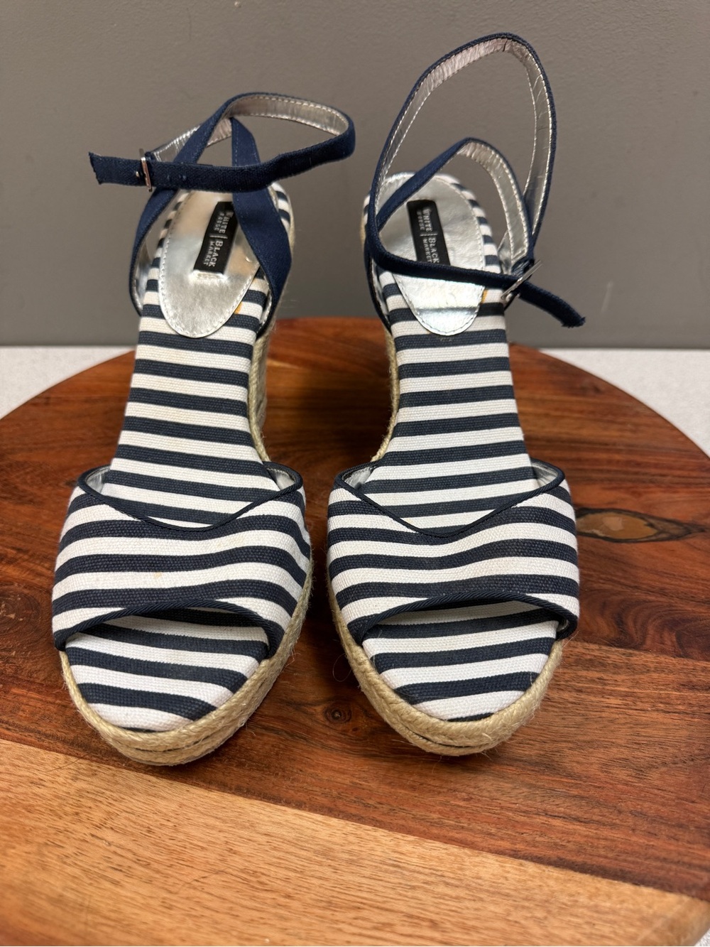 WHBM Navy Ivory Striped Espadrille Wedge Sandals 10M